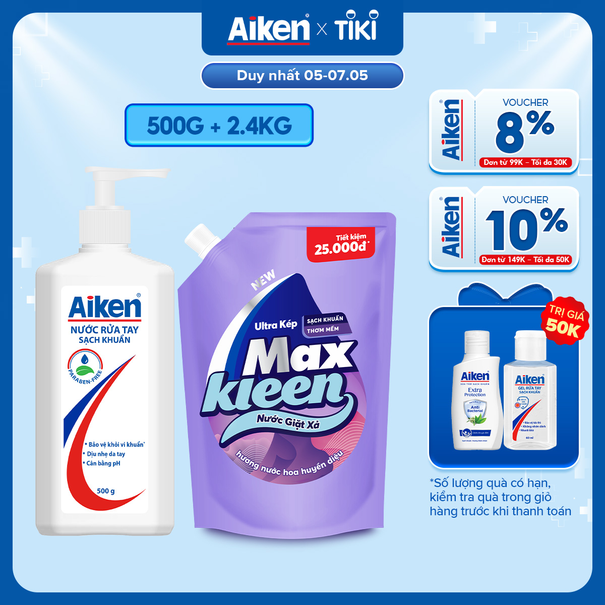 Combo Nước rửa tay sạch khuẩn Aiken 500g và Nước giặt xả hương nước hoa huyền diệu 2.4kg