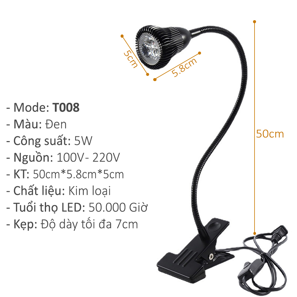 Đèn học và đọc sách Kẹp đầu giường BOFIT 5W-220V, Bóng Led COB ánh sáng chiếu rọi điểm