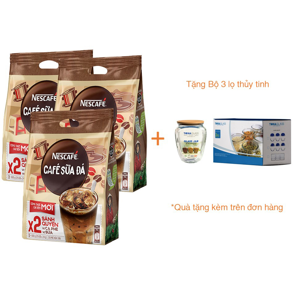 Combo 3 bịch cà phê hòa tan Nescafe 3in1 cà phê sữa đá (Bịch 25 gói x 24g)[Tặng bộ 3 lọ thủy tinh - Giao mẫu ngẫu nhiên]