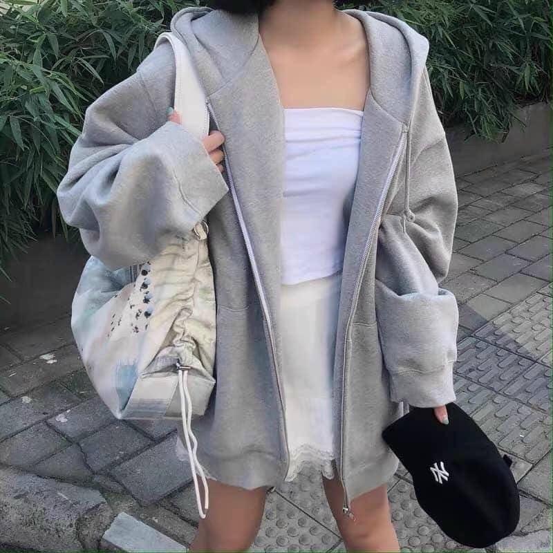 Hình ảnh Áo khoác hoodie nỉ form rộng cho nữ áo hoodie zip trơn 1 màu xám sành điệu, áo khoác chống nắng unisex ulzzang phong cách hàn quốc