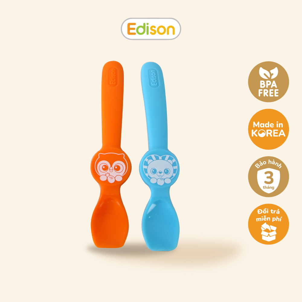 MADE IN KOREA Set 2 thìa ăn dặm silicon Hàn Quốc Edison - thìa tập xúc siêu mềm hình Cú-Sư Tử và Cú-Thỏ hàng chính hãng