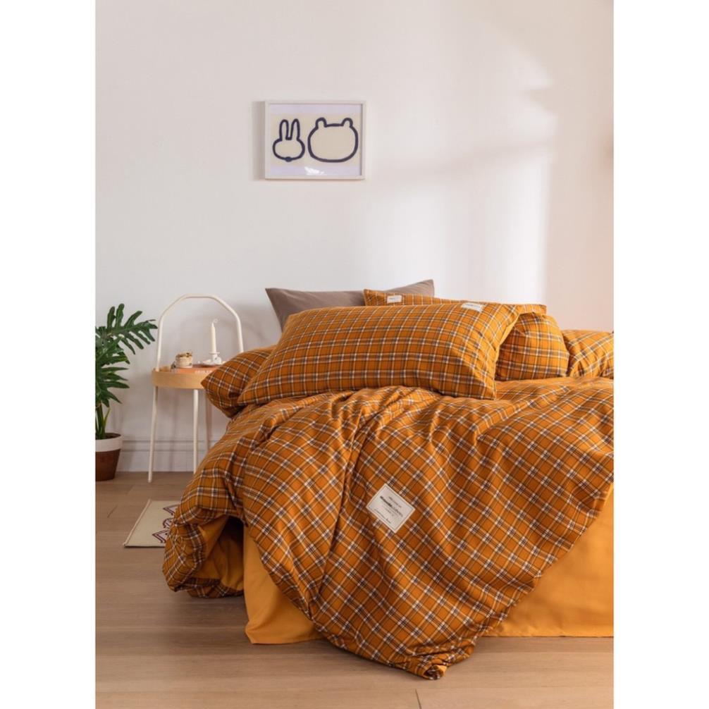 Bộ chăn ga gối Cotton TC Nhà Nhím Chăn ga gối kẻ sọc caro 4 món