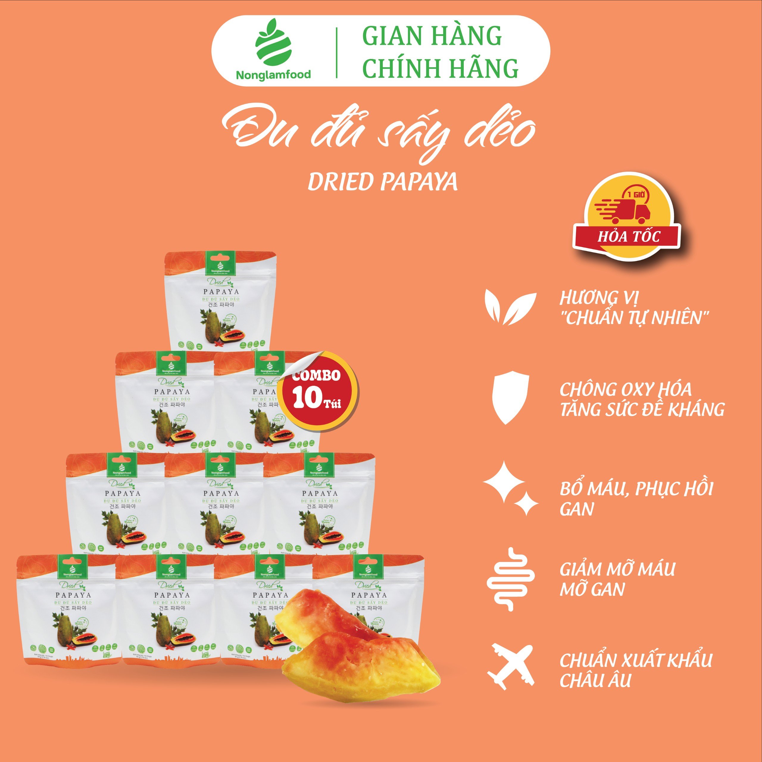 Combo 10 túi Đu đủ sấy dẻo thượng hạng Nonglamfood túi 50g | Quà tặng healthy cao cấp cho người thân, bạn bè