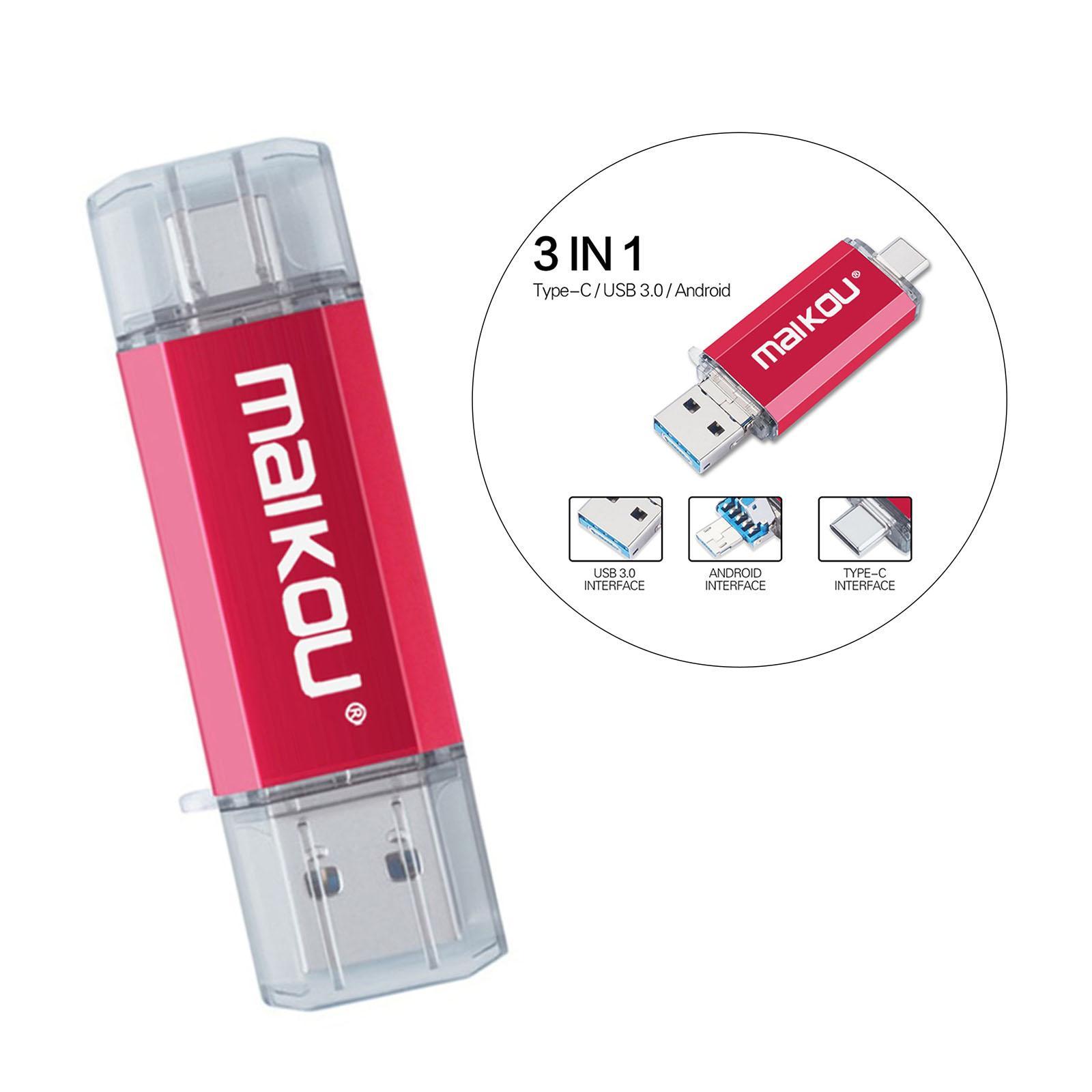 Portable 3 in 1 64GB USB 3.0 Flash Drive Type- USB Memory Stick Red