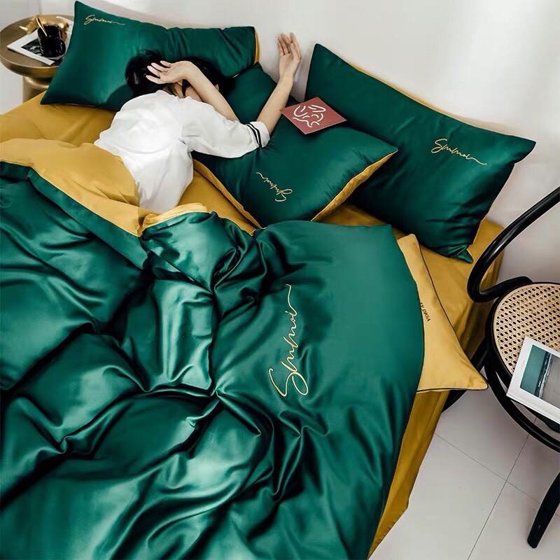 Bộ Chăn Ga Gối Lụa m6/m8/2m - Tiệm Nhà MêuSet 4 Món Tencel Basic Màu Trơn Chữ Sumoi Bóng Siêu Mềm Mát