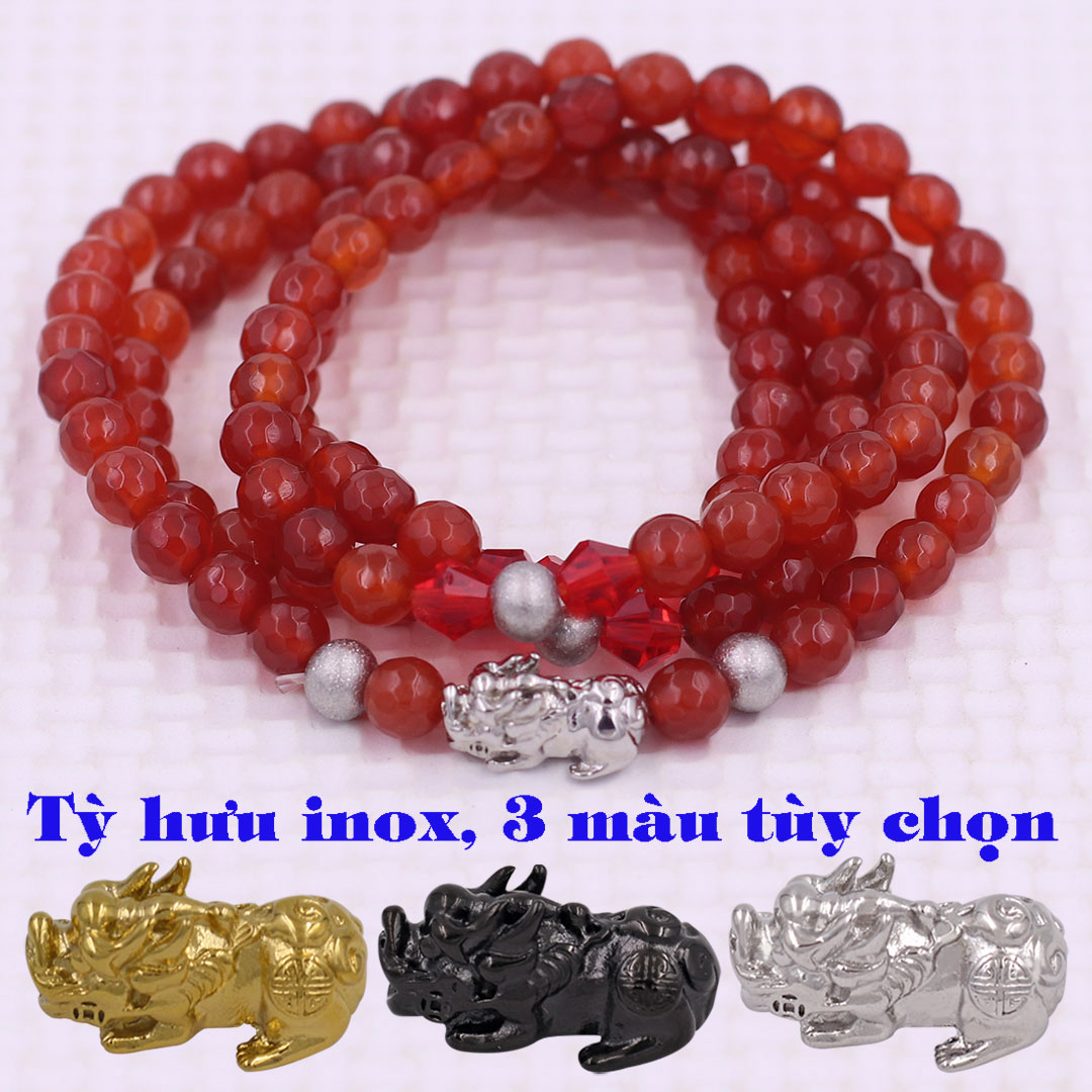 Vòng chuỗi 108 hạt Đá Mã Não Đỏ cắt giác charm tỳ hưu inox - Chuỗi hạt 6 ly, 8 ly - Chuỗi niệm Phật Bình an - Mệnh Hỏa, Thổ