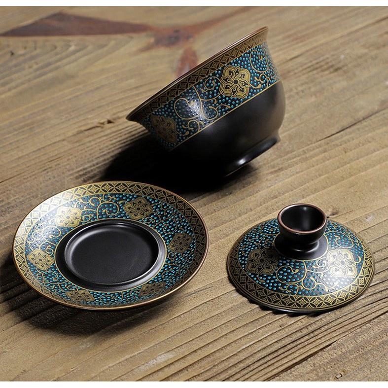 Bộ trà kiểu Nhật 8 chén đầy đủ dụng cụ, hàng cao cấp họa tiết sắc nét