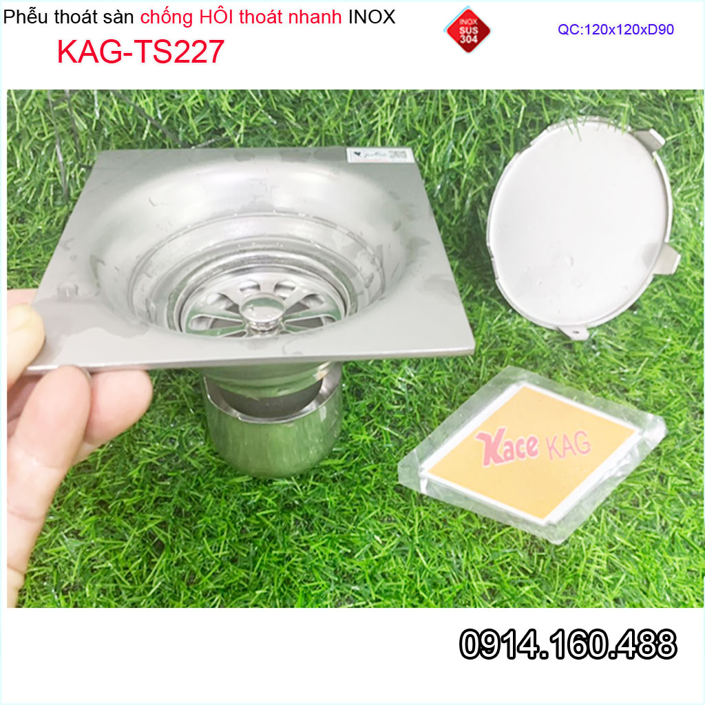 Thoát sàn ban công KAG-TS227 vuông 12x12cm ống D90, thoát sàn vách tắm đứng chống hôi phễu thu nước sang trọng sử dụng tốt