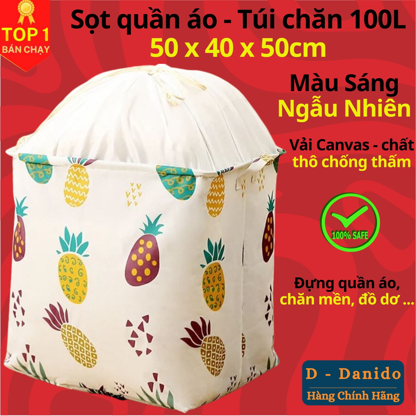 Túi vải Canvas đựng quần áo - Sọt đựng đồ túi chăn 100L cao cấp gấp gọn, chống thấm nước - Giỏ đựng đồ, chăn mền  - Chính hãng D Danido