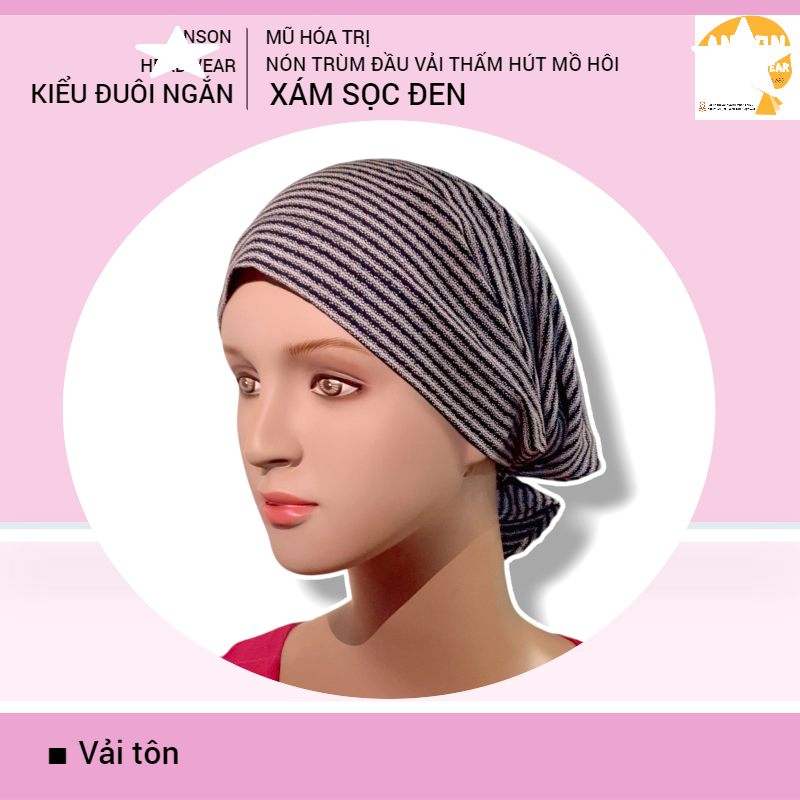 Nón hóa trị vải mềm mát, hút mồ hôi, bệnh nhân ung thư, chemo hat, nón trùm đầu [KIỂU ĐUÔI NGẮN-XÁM SỌC ĐEN]