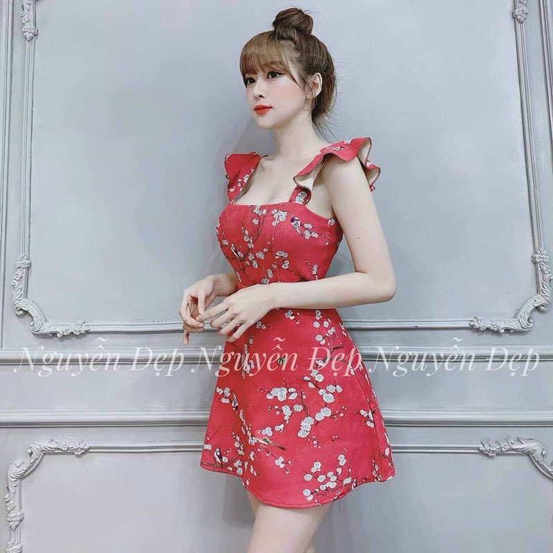 Đầm Xòe Hoa Đào Có Mút Ngực Thun Dẻo In 3D - Hậu Nguyễn Store