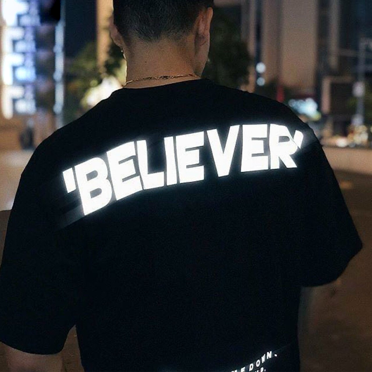 [FREESIZE từ 45-65kg] BELIEVER Áo thun đen nam in dạ quang phản quang trong tối, chụp flash
