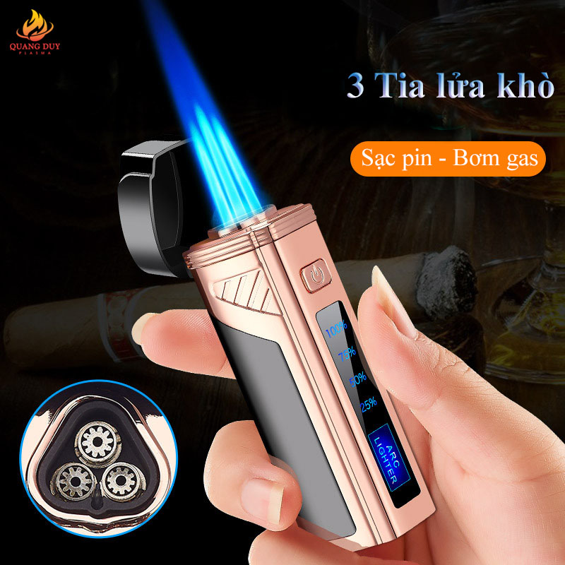 Bật lửa khò 3 tia đánh lửa bằng điện sạc pin bơm gas độc lạ tiện lợi