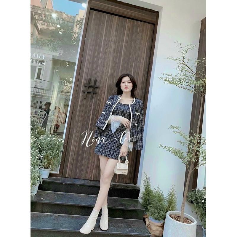 Set ulzzang áo khoác dạ bố viền trắng + đầm bố tay voan 2 lớp có lót trong dày dặn mềm mịn sang trọng