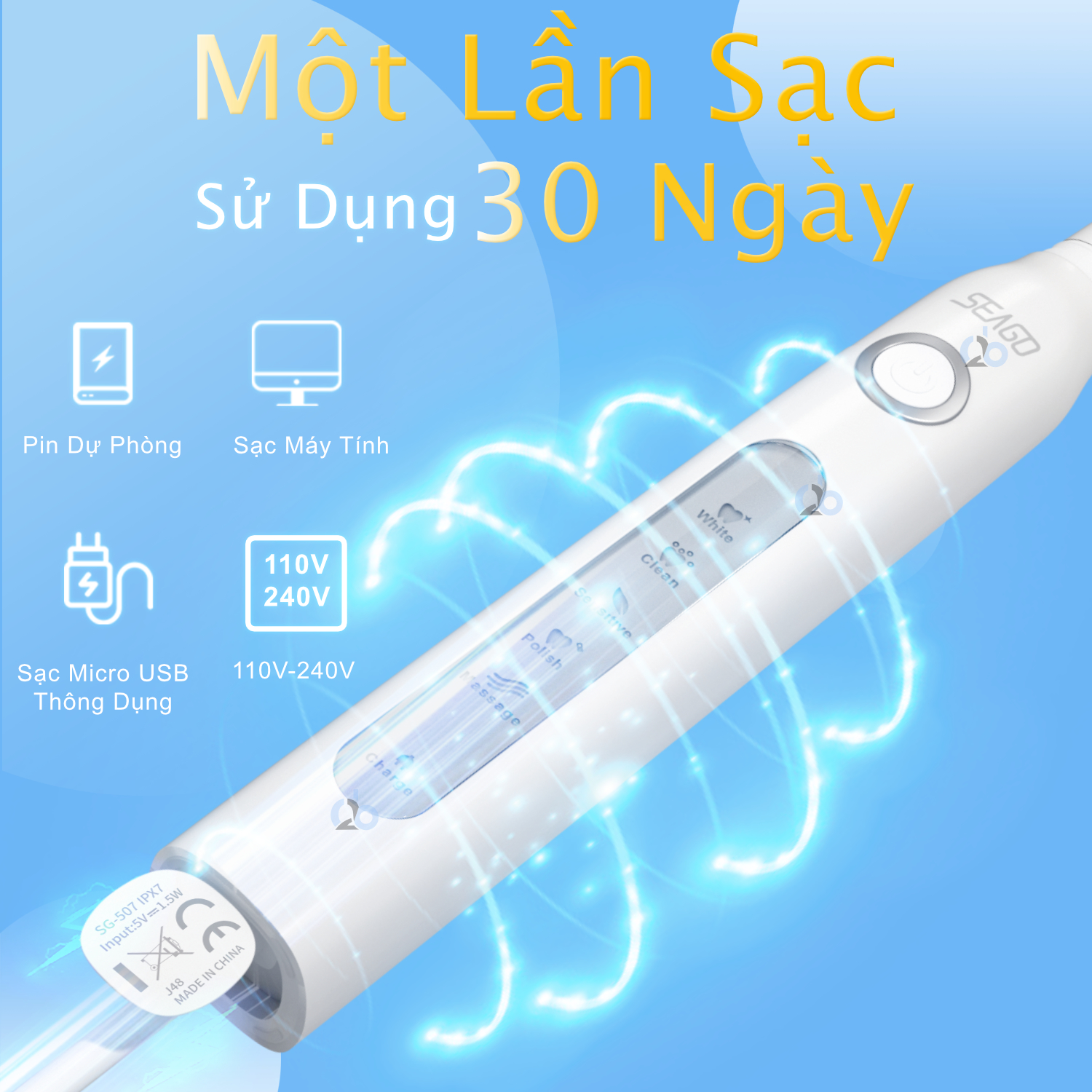 Bàn chải đánh răng điện Seago SG 507, tặng kèm 8 đầu bàn chải và hộp đựng