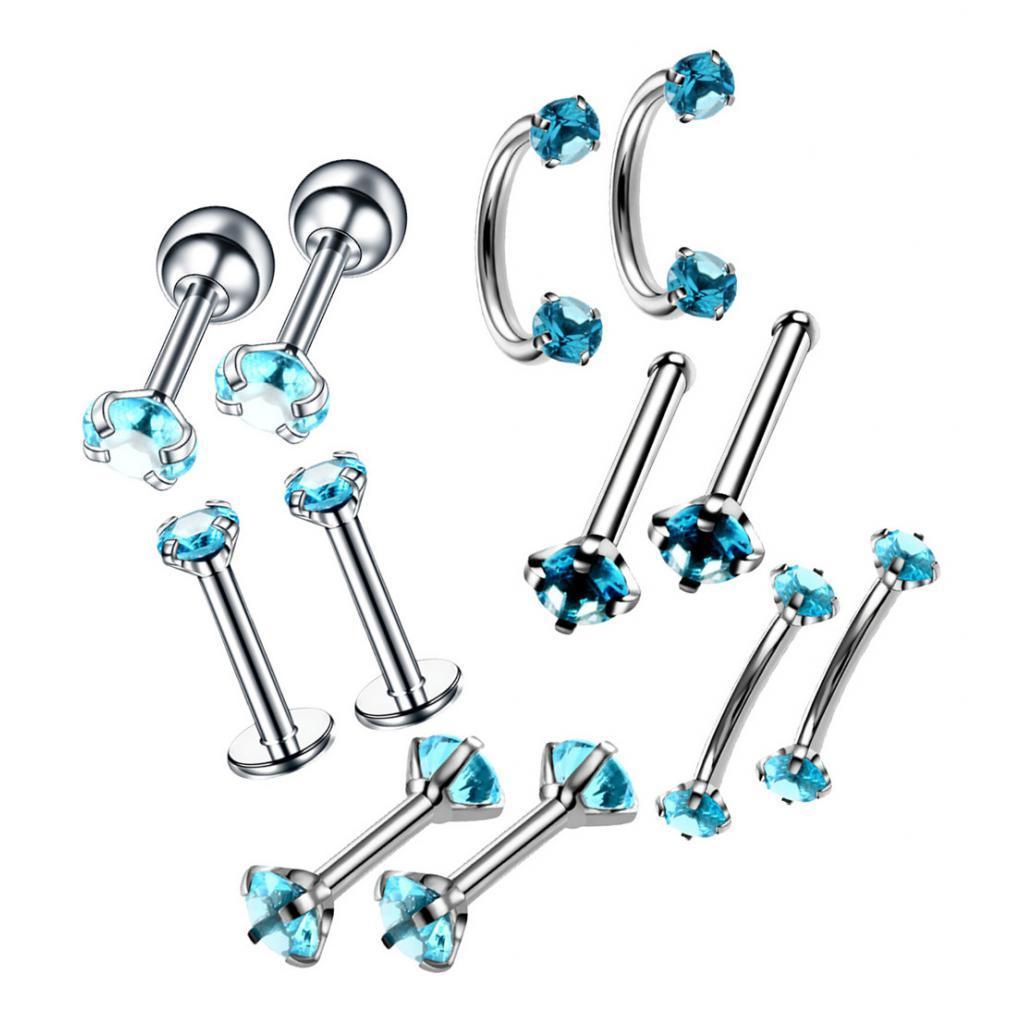 2x12pcs Stainless Steel Colored Zircon Lip Nose Nail Piercing Jewelry Blue