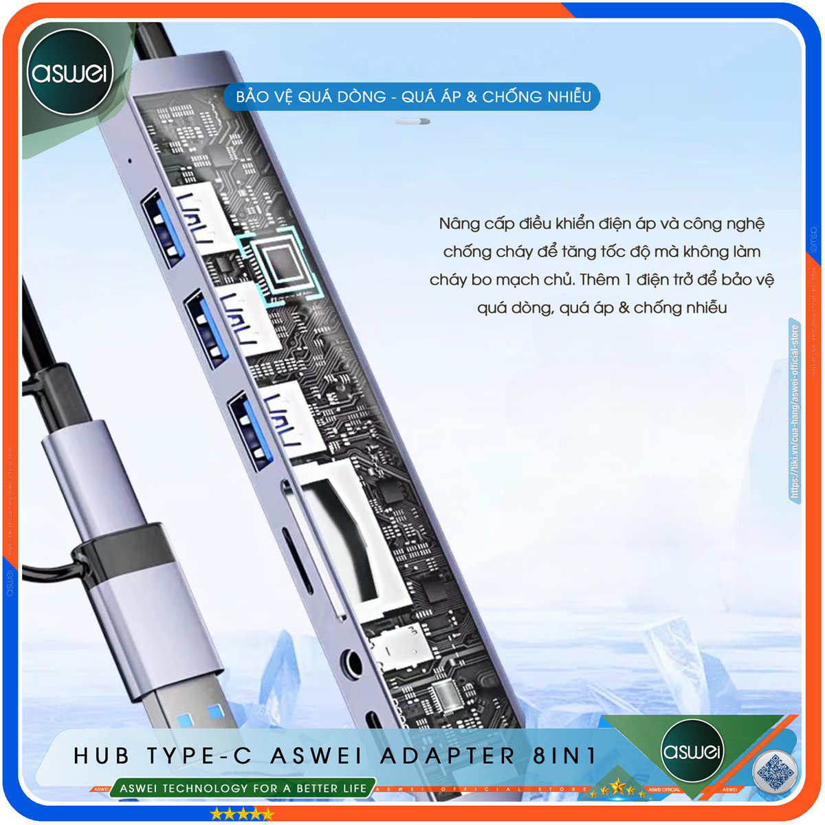 Hub Type C Và Hub USB ASWEI 8 in 1 To USB 3.0, SD, TF, USB C, Audio 3.5 - Hàng Chính Hãng