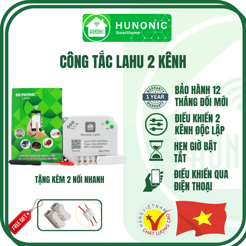 Công Tắc Điện Thông Minh Hunonic Lahu 2 Kênh│Công tắc wifi điều khiển từ xa qua điện thoại│Hàng Việt Nam