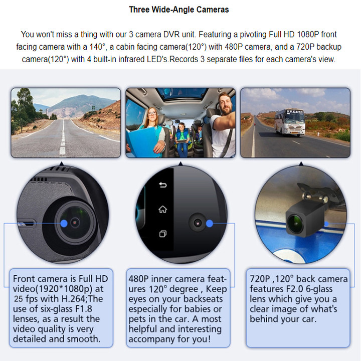 Camera hành trình cao cấp Phisung E09-3 tích hợp 3 camera, GPS, 4G, Android, Wifi