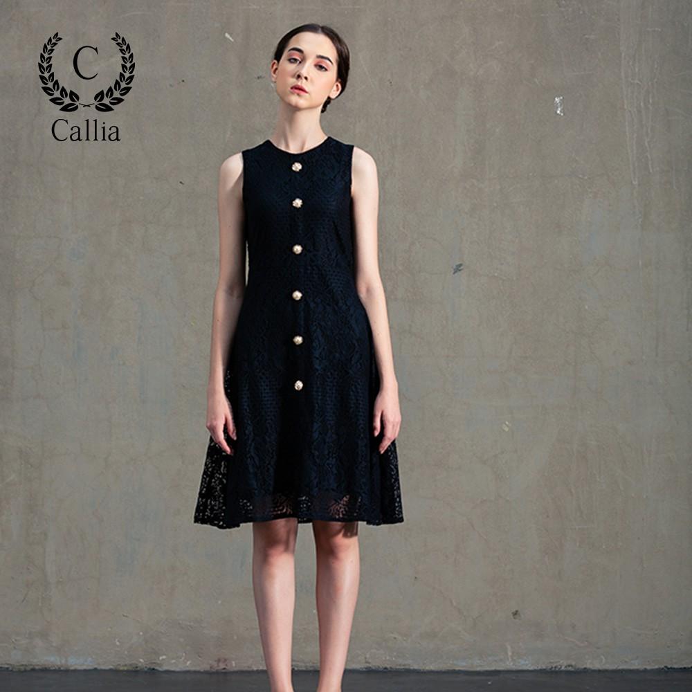 Đầm midi chữ A nữ Callia Soria cổ tròn tay sát nách