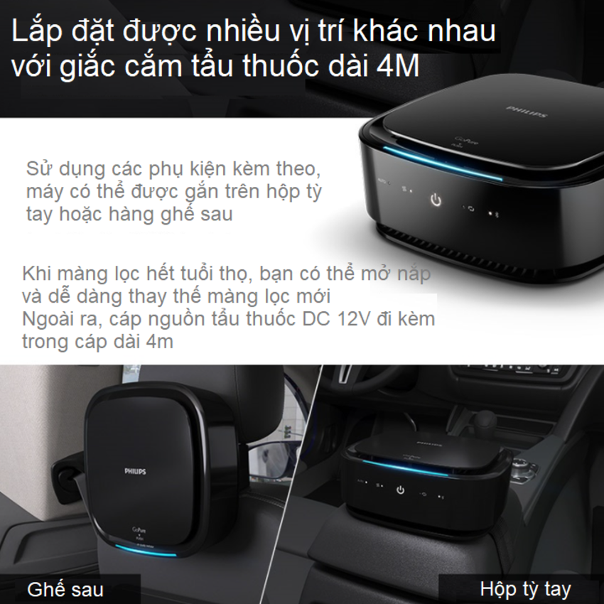 Máy lọc không khí, khử mùi trong xe ô tô cao cấp Philips GP7101 cảm biến chất lượng không khí 3 màu AQI, công suất 3.5W, điều khiển từ xa qua App điện thoại - Hàng nhập khẩu