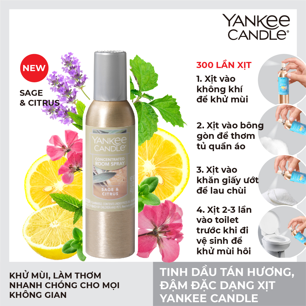 Tinh dầu tán hương đậm đặc, dạng xịt Yankee Candle - Sage & Citrus