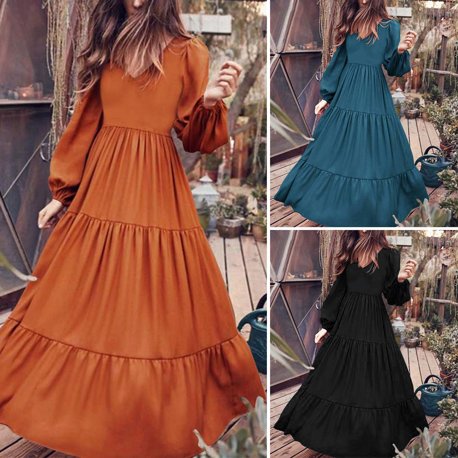 Fashion Women Solid Color Dress V Neck Long Sleeve High Waist Ruched Casual Maxi Dress