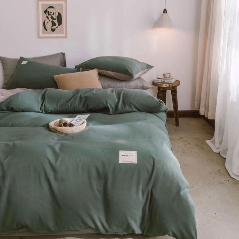 Bộ Chăn Ga Gối Cotton Tici LIDACO - Xanh Rêu Ga Xám