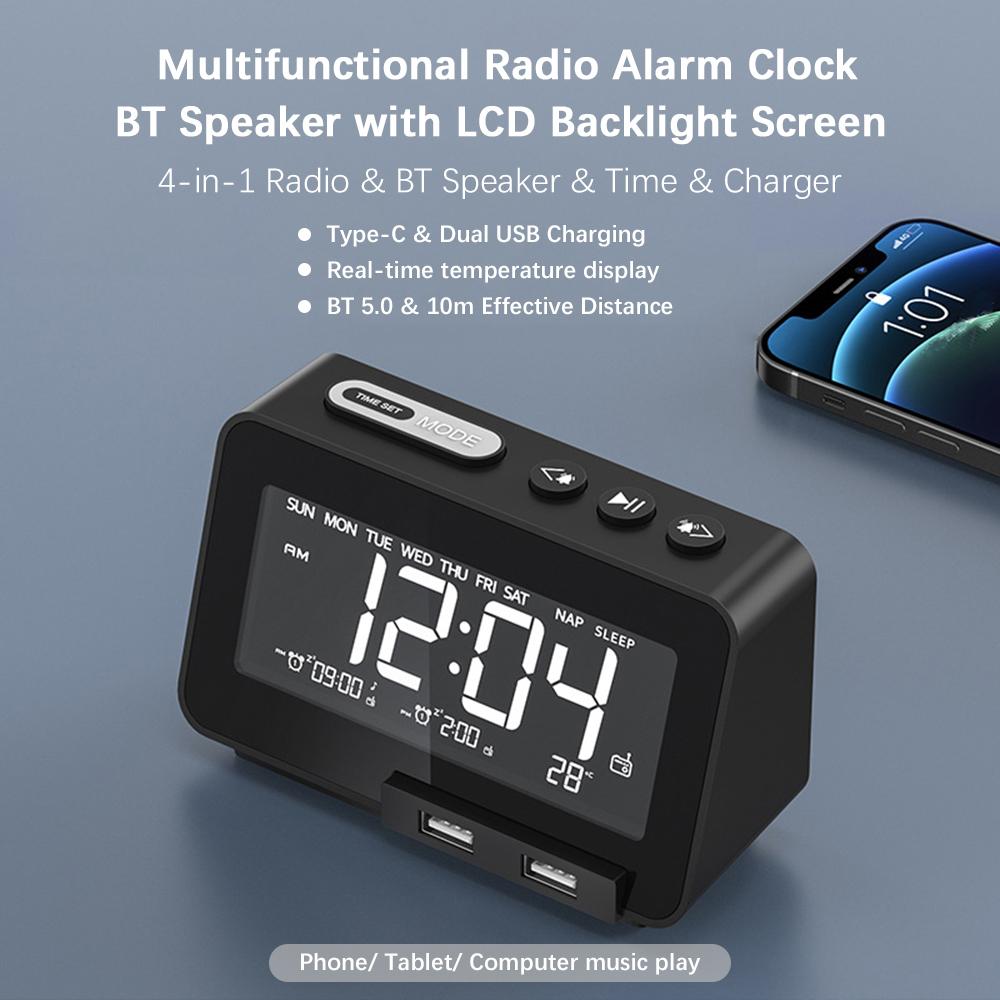 Đồng Hồ Báo Thức Radio K5 Loa Bt Có Đèn Nền Lcd Hiển Thị Nhiệt Độ Màn Hình