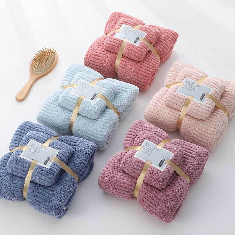 Bộ 2 khăn Hàn Quốc có túi lưới rút nơ siêu xinh (1 khăn tắm+1 khăn mặt)