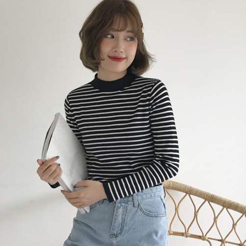 Áo Sweater Dệt Kim Cổ Lọ Kẻ Sọc Xinh Xắn Cho Nữ