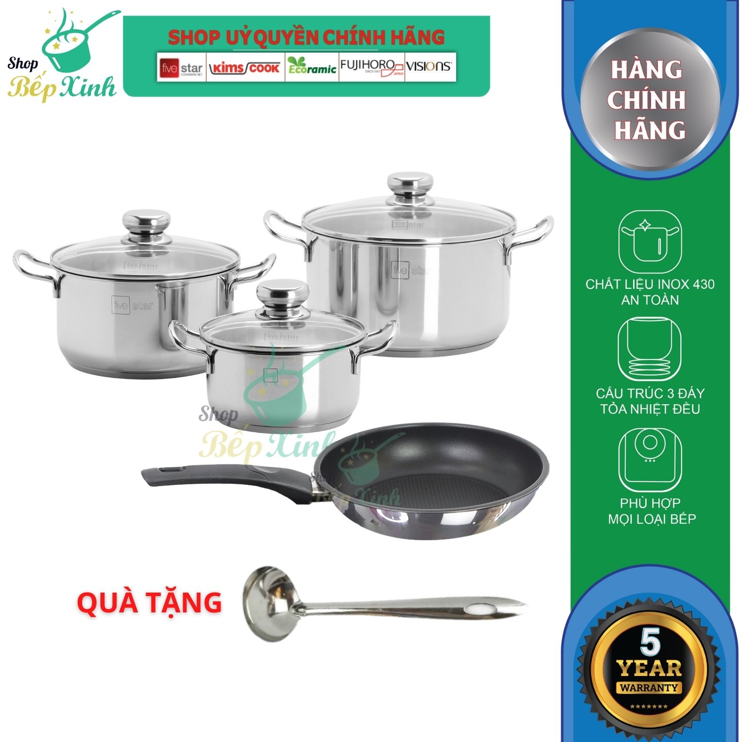 Bộ nồi chảo Fivestar 4 món nắp kính tặng 2 vá canh