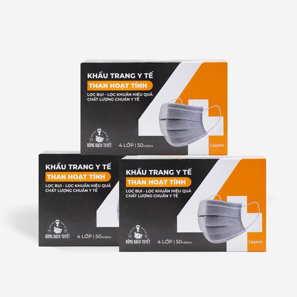 Combo 3 Hộp Khẩu trang Bông Bạch Tuyết than hoạt tính 4 lớp TẶNG 1 KHĂN MẶT COTTON
