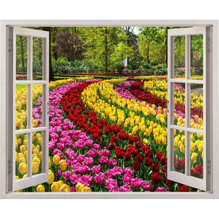 Tranh dán tường cửa sổ 3D vườn hoa tulip 0193