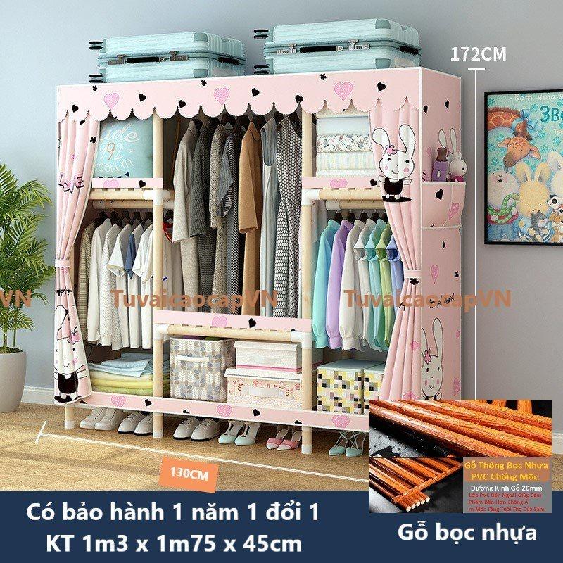 Tủ vải đựng quần áo, Giá kệ treo khung gỗ 3 buồng 6 ngăn kích thước 130x170x45cm TUVAICAOCAPVN bảo hành 12 tháng 1 đổi 1