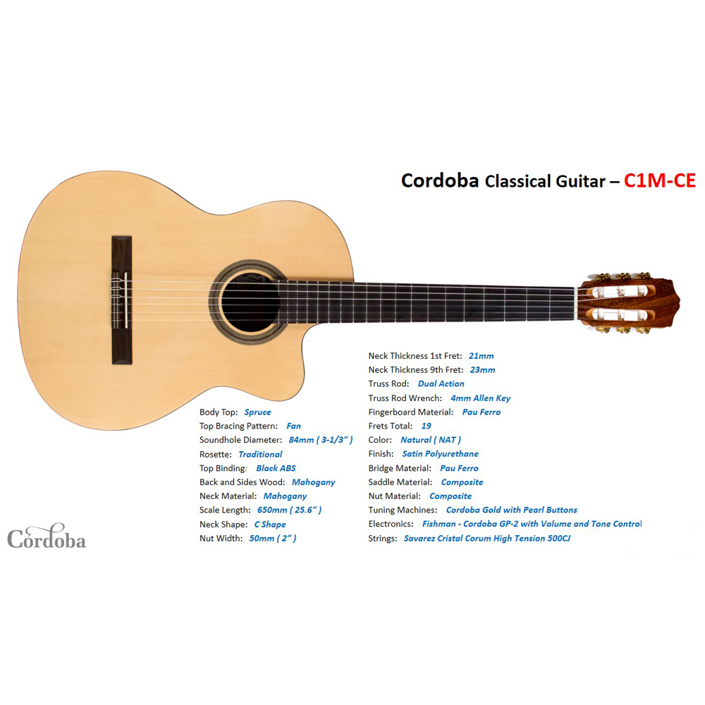 Đàn Guitar Classic Cordoba C1M - CE (Tặng kèm bao 3 lớp và 3 Pick gảy) - Hàng Chính Hãng