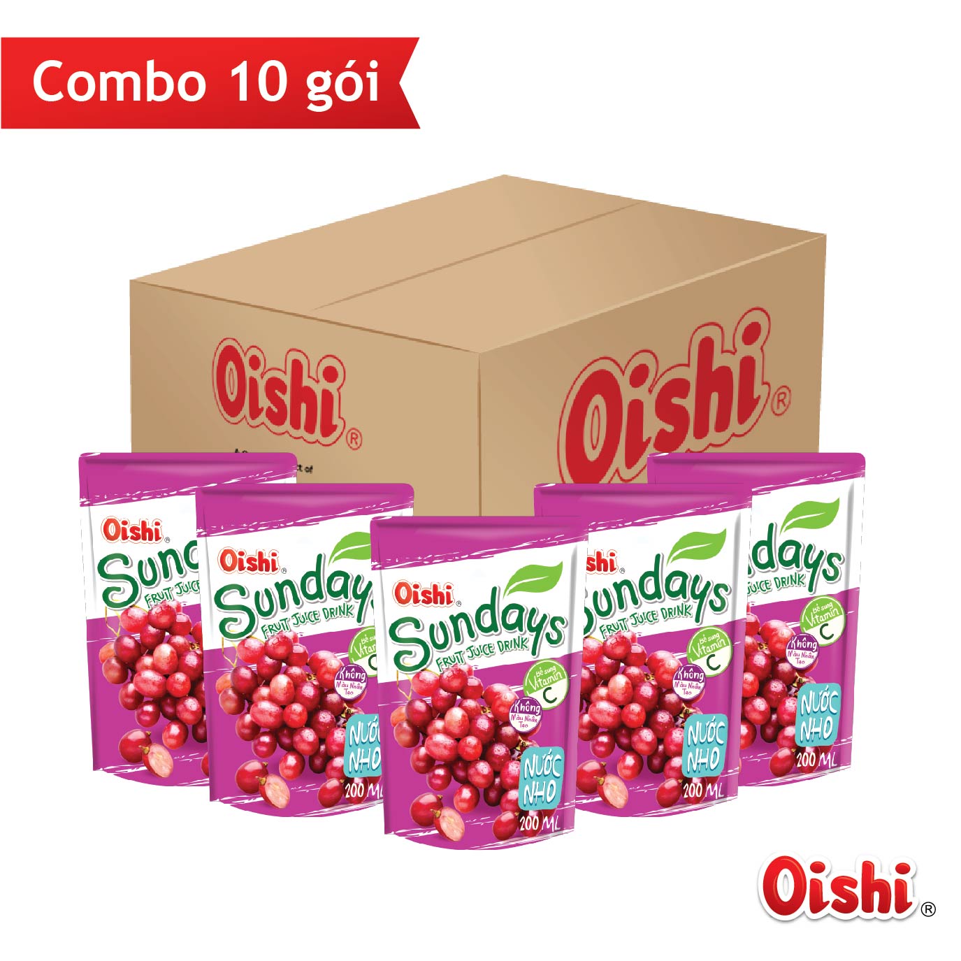 Combo 10 túi Oishi Nước Nho Sundays (190ml/túi)