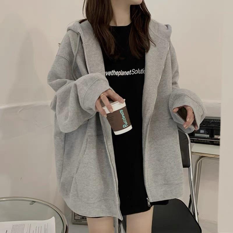 Áo khoác nỉ cotton CVC tay bồng freesize 2 màu xám đen form lớn có mũ trùm