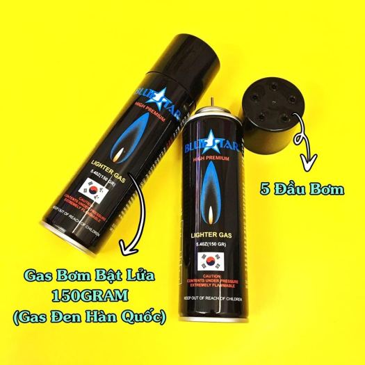 Gas bơm hột quẹt bật lửa Blue star Hàn Quốc 150g kèm 5 đầu bơm