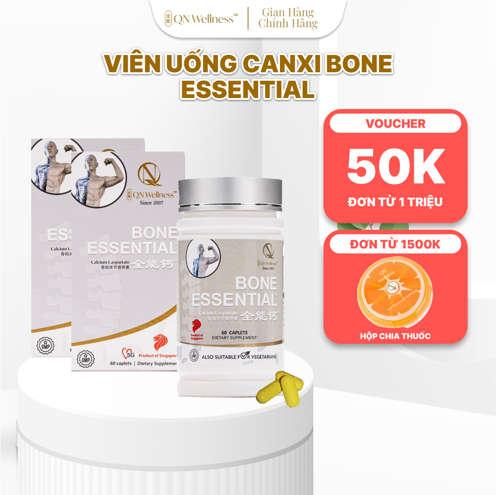 Combo Ưu Đãi Viên Uống Bổ Sung Canxi Bone Esstential QN Wellness Thuần Chay Chiết Xuất Từ Nghệ & Nha Đam, Giúp Hỗ Trợ Tuần Hoàn Máu, Củng Cố Xương Khớp - Hộp 60 Viên x 2