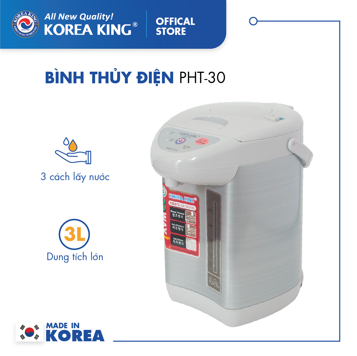 Bình thủy điện Korea King PHT-30 (điện áp 220v/50Hz, công suất 750W, dung tích: 3.0L) - Hàng chính hãng