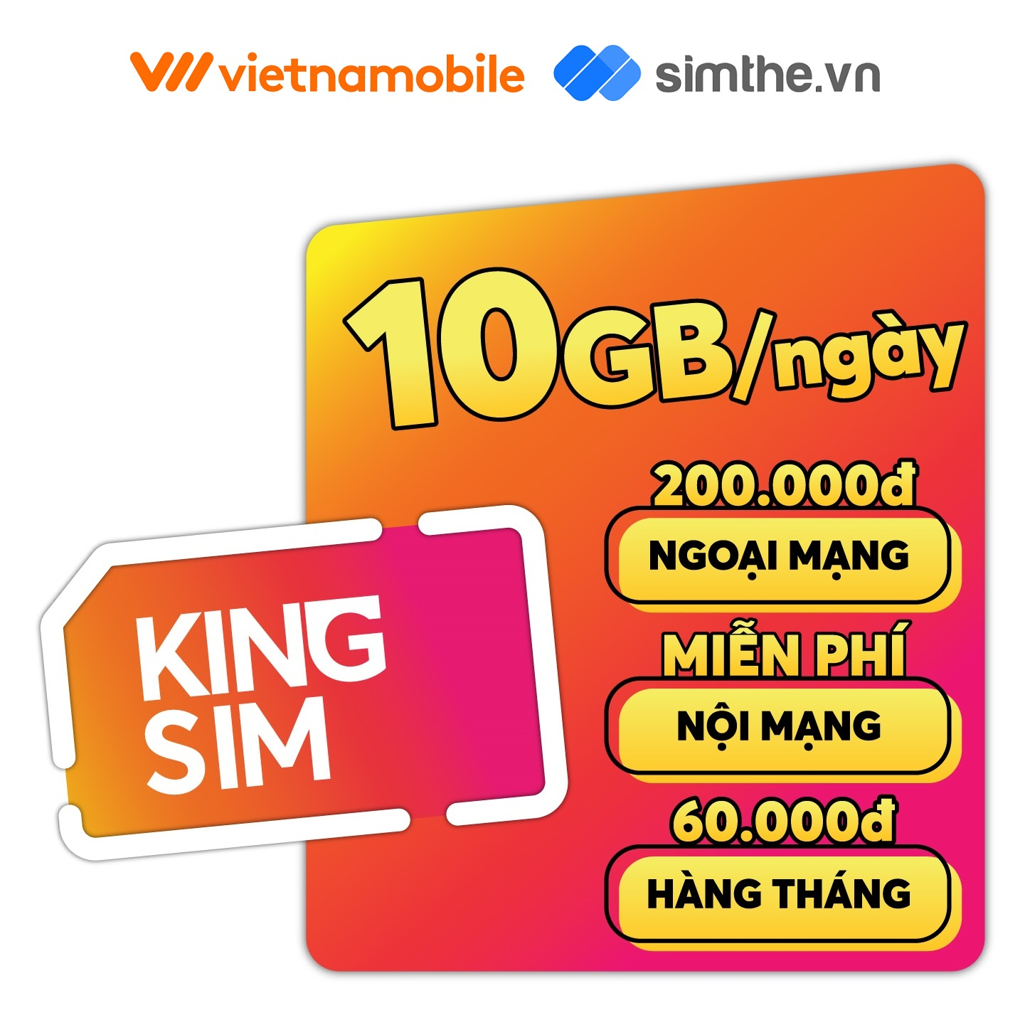 [FREE 30 Ngày] Sim 4G Vietnamobile KING 10GB/Ngày (300GB/Tháng). Miễn Phí 50 Phút Ngoại Mạng + Gọi Nội Mạng + Tài Khoản 100K. Chỉ Dùng Tại 20 Tỉnh Miền Nam (Từ Bình Thuận Đến Cà Mau) - Hàng Chính Hãng