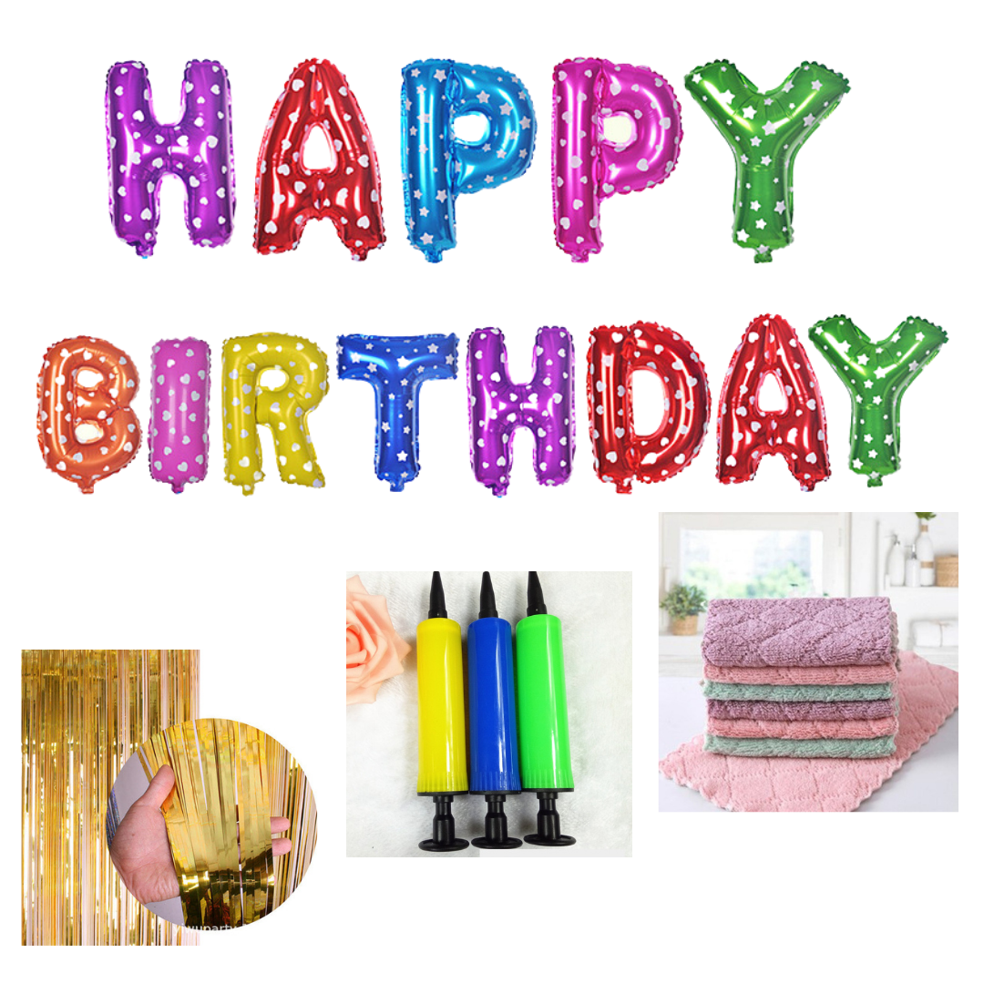Bộ rèm kim tuyến kèm bộ chữ happy birthday trang trí sinh nhật tặng 2 khăn đa năng - hàng chính hãng