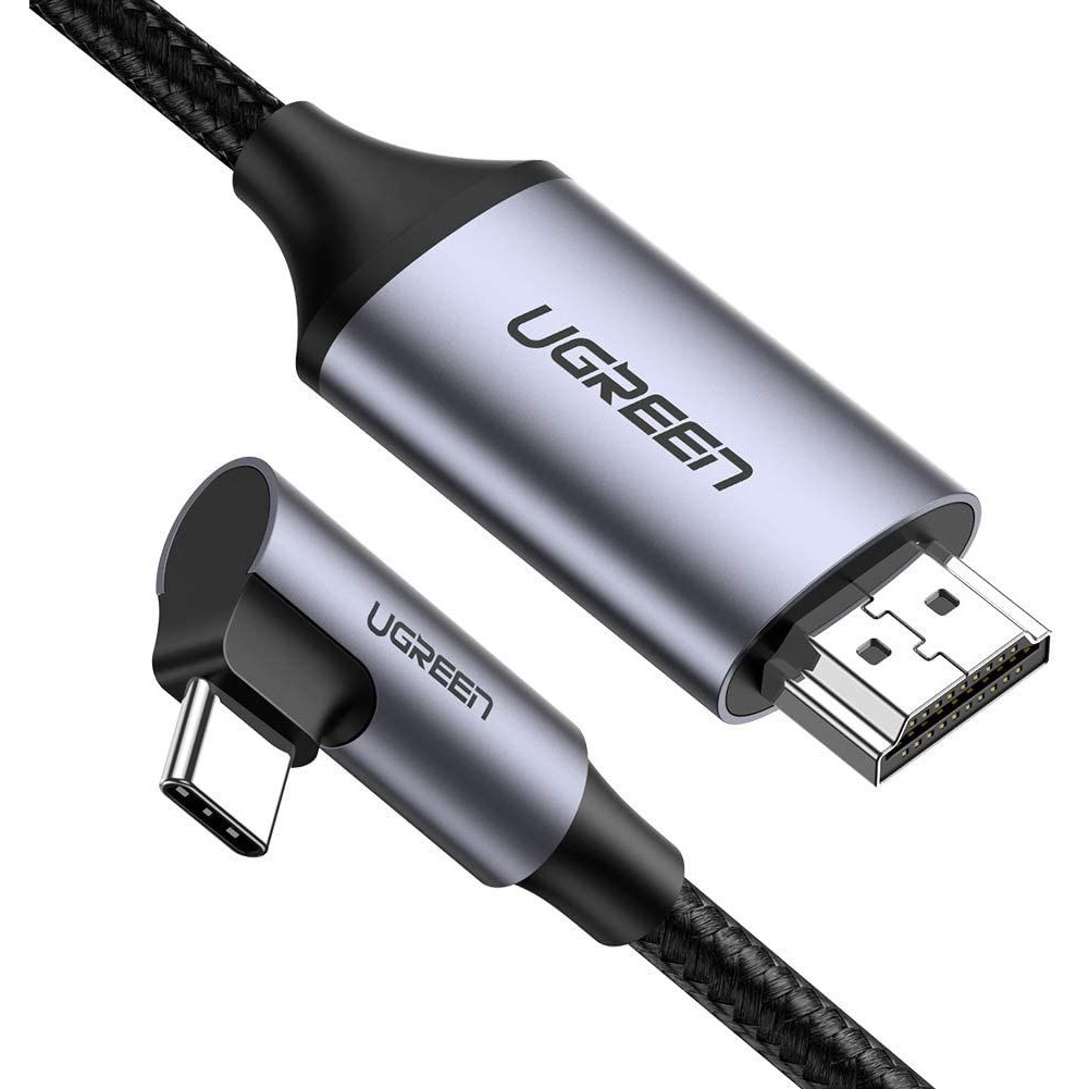 Cáp chuyển USB type C bẻ góc phải 90 độ ra 4K HDMI đầu kim loại chống nhiễu 2M màu đen Ugreen 50530 MM141 Hàng chính hãng