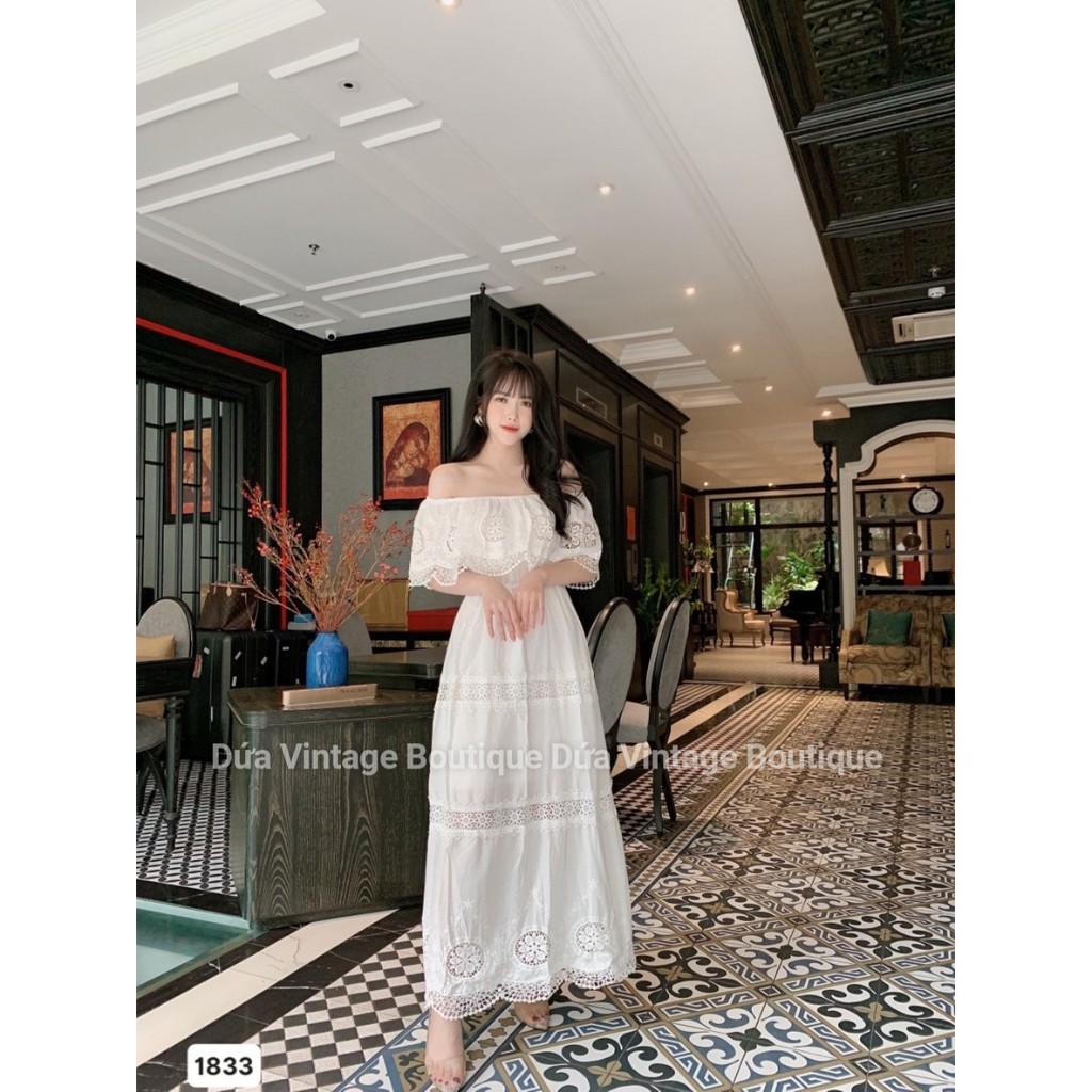 Đầm maxi trắng trễ vai hoa tròn cao cấp - 1833