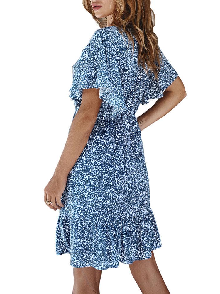 Women Summer Floral Print Dress Ruffles Short Sleeves V Neck Drawstring Tied Waist Boho Holiday Beach Party Casual Mini