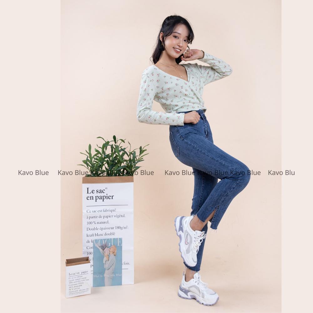 Quần Jeans Nữ Ống Đứng Xẻ Gấu Co Giãn Hàn Quốc KAVO BLUE Tôn Dáng Kéo Dài Chân
