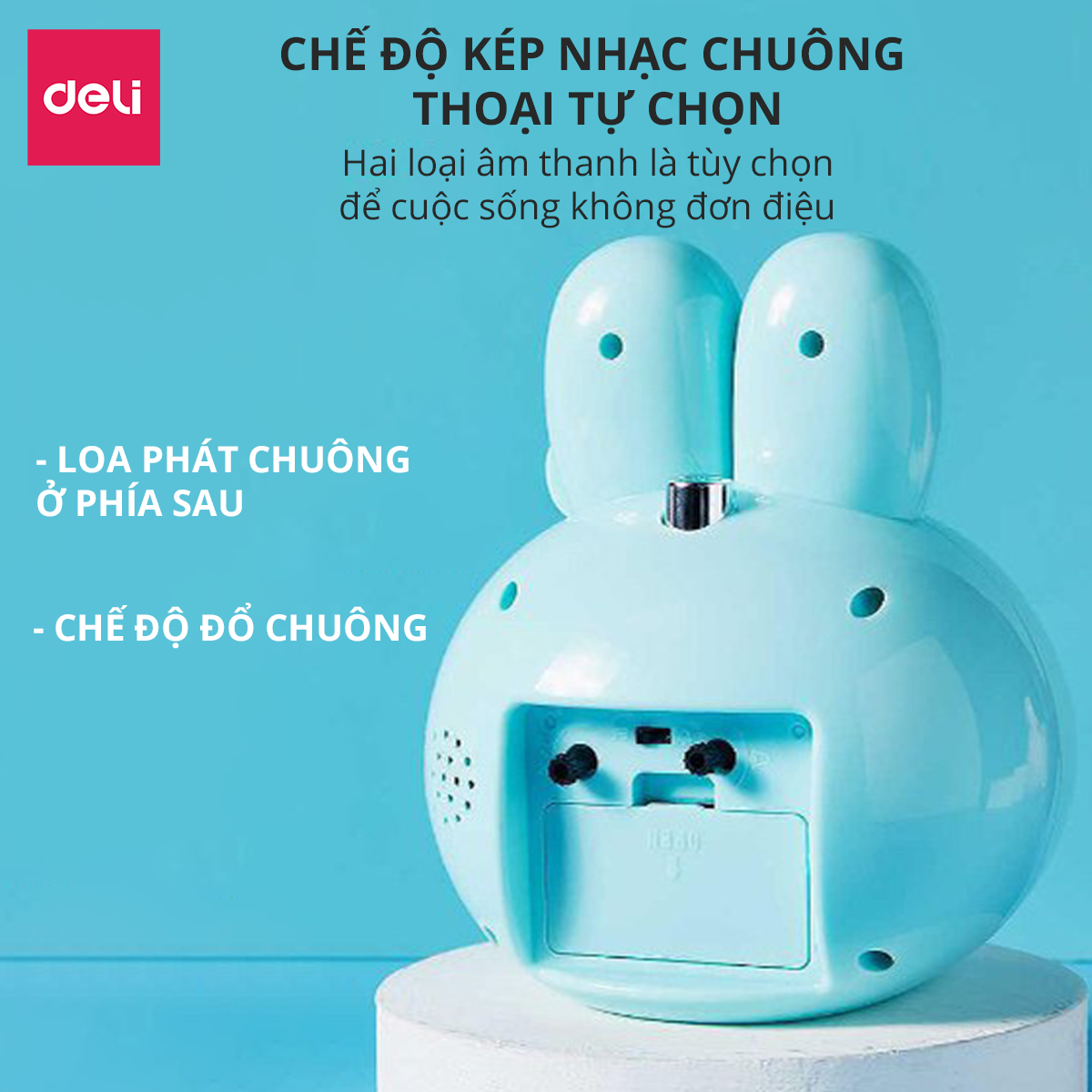 Đồng hồ báo thức thỏ hoạt hình Deli - Trắng/ Xanh/ Hồng - 8803