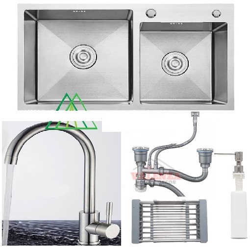 Combo Chậu Rửa Chén Đúc Inox 304 Kích Thước 82x45 cm ,vòi rửa chén vuông nóng lạnh,bình xà phòng , rỗ đựng chén