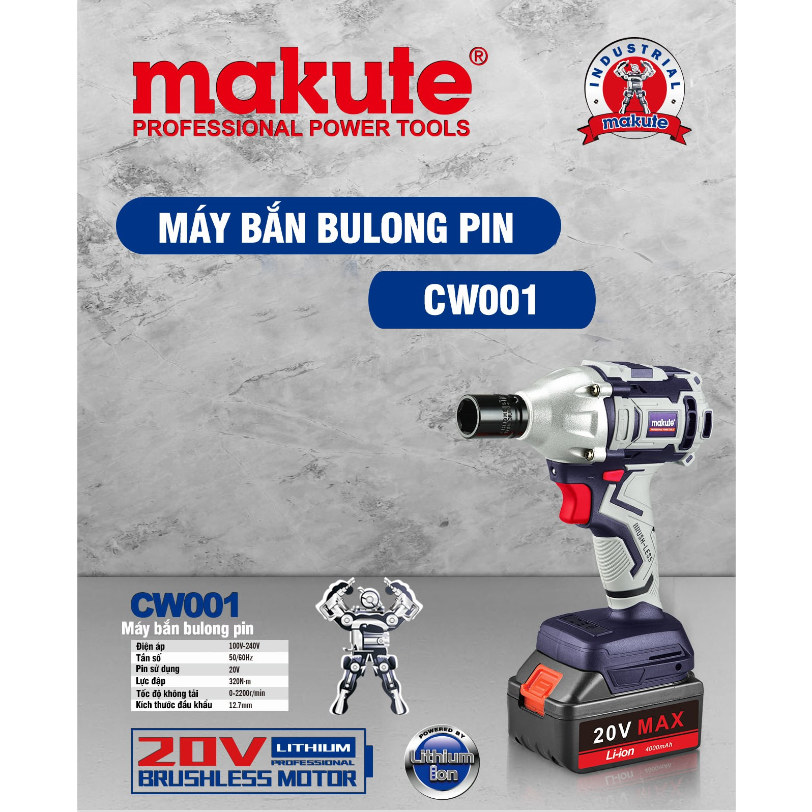 Máy vặn siết bu lông dùng pin 20V MAKUTE 20V CW001 (1 PIN, 1 SẠC) - Hàng chính hãng